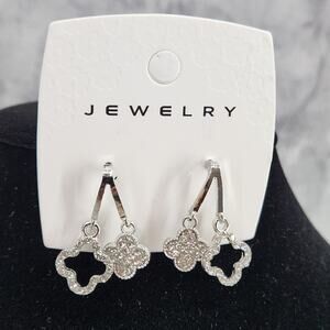 Double Clover Earrings Silver Tone & Clear Rhinestones - Drop Earrings, Jewelry